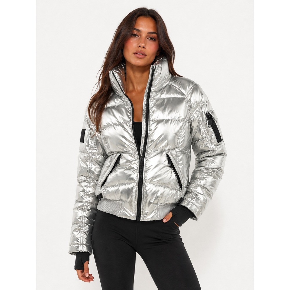 SAM New York Freestyle Down Puffer Jacket Metallic Silver Womens Small Bomber - Picture 16 of 16